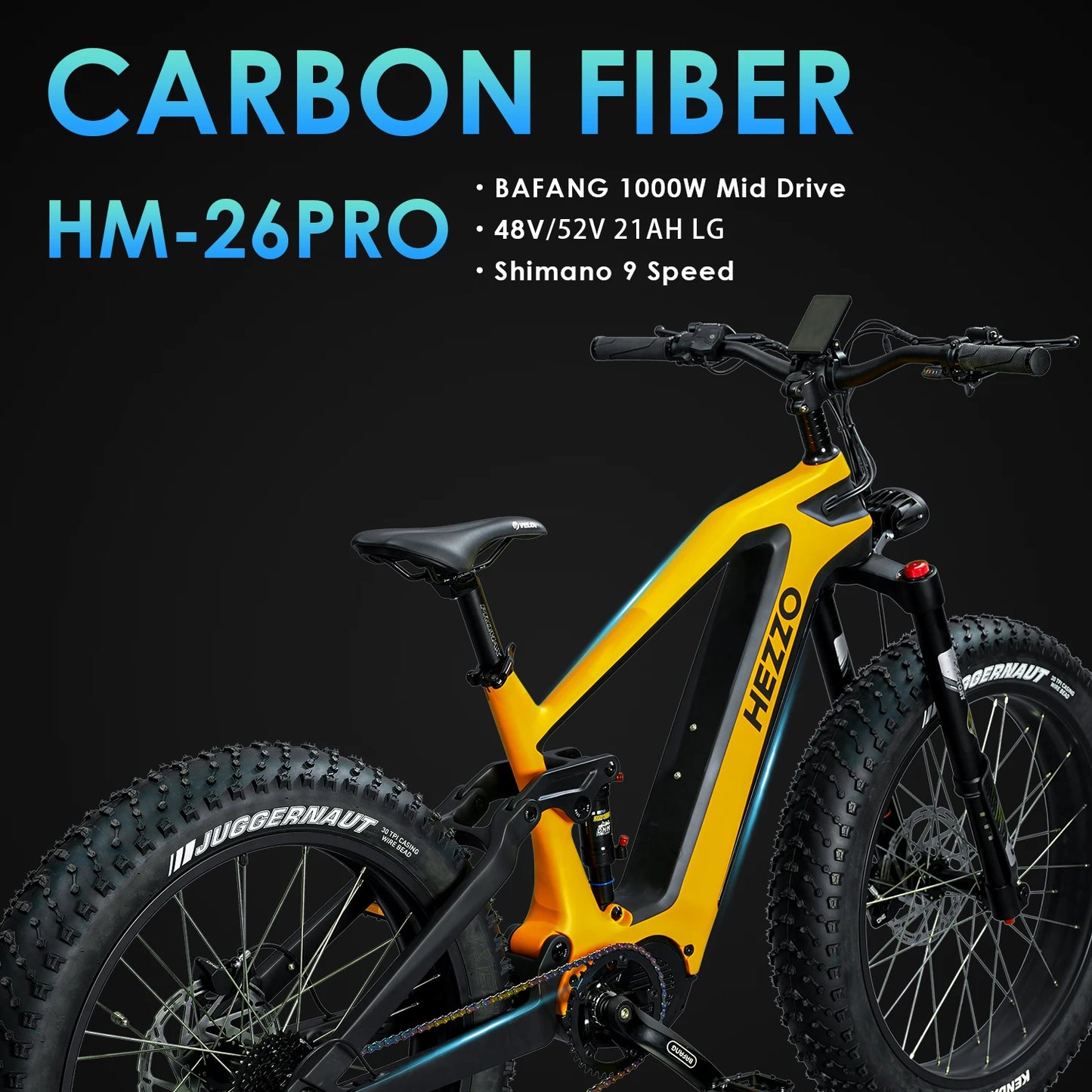 2024 HEZZO Carbon Fiber Electric Bicycle 52V 1000W BAFANG M620 Mid Drive 21Ah Emtb Fat Tire Ebike Off-Road 9 Speed Electric Bike