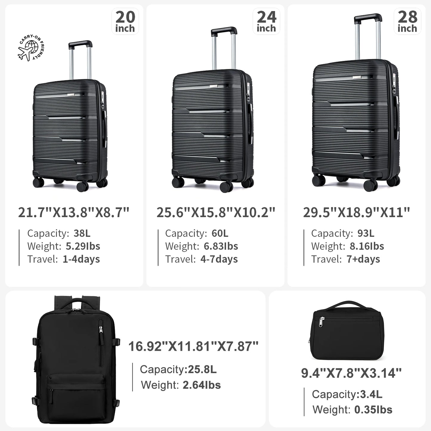 5pcs Suitcase Set Lightweight Case Set, Durable Trolley, Hand Luggage Suitcase with Wheels, TSA-Lock Boarding Travel Suitcase