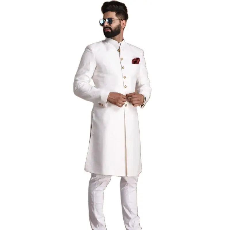 Indian Men's Suit Arabian Style Long Coat Single Breasted With Gold Buttons Wedding Suits For Men 2 Piece Slim Fit Male Clothing