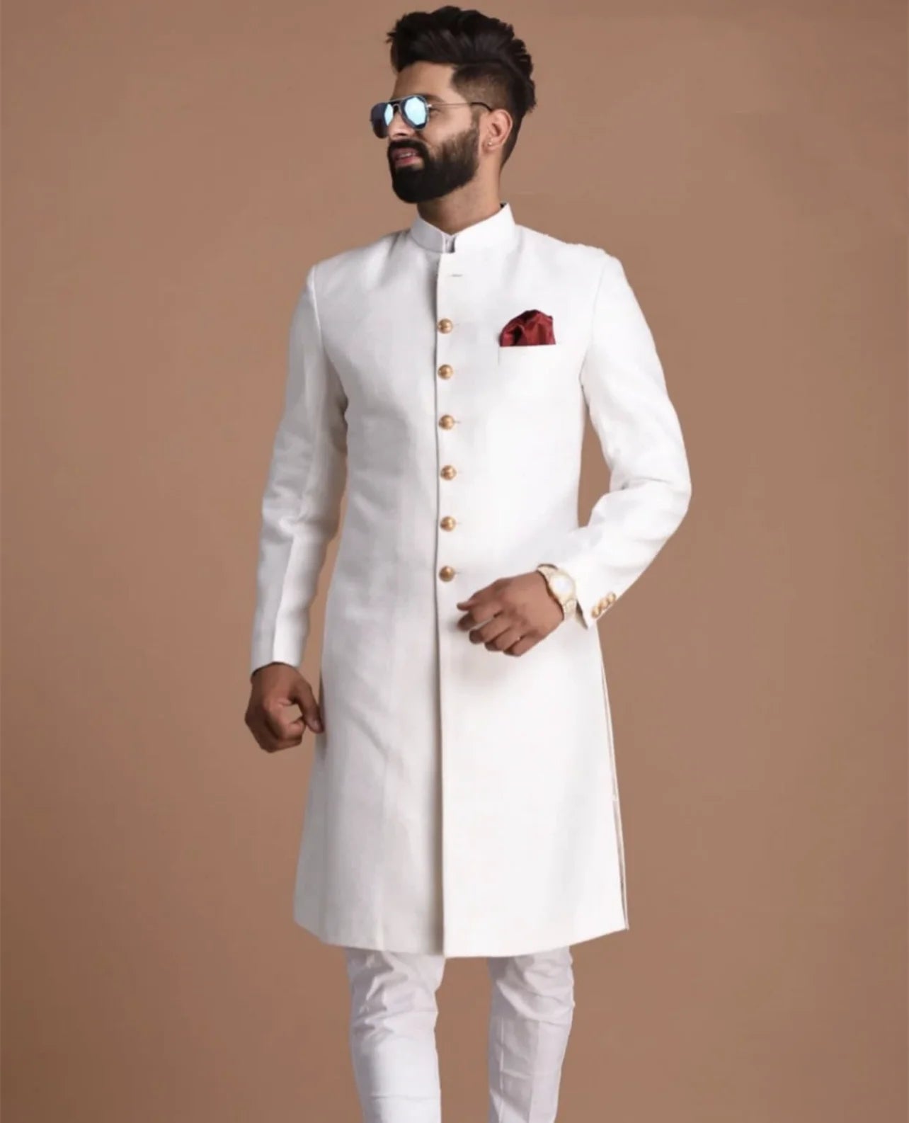 Indian Men's Suit Arabian Style Long Coat Single Breasted With Gold Buttons Wedding Suits For Men 2 Piece Slim Fit Male Clothing