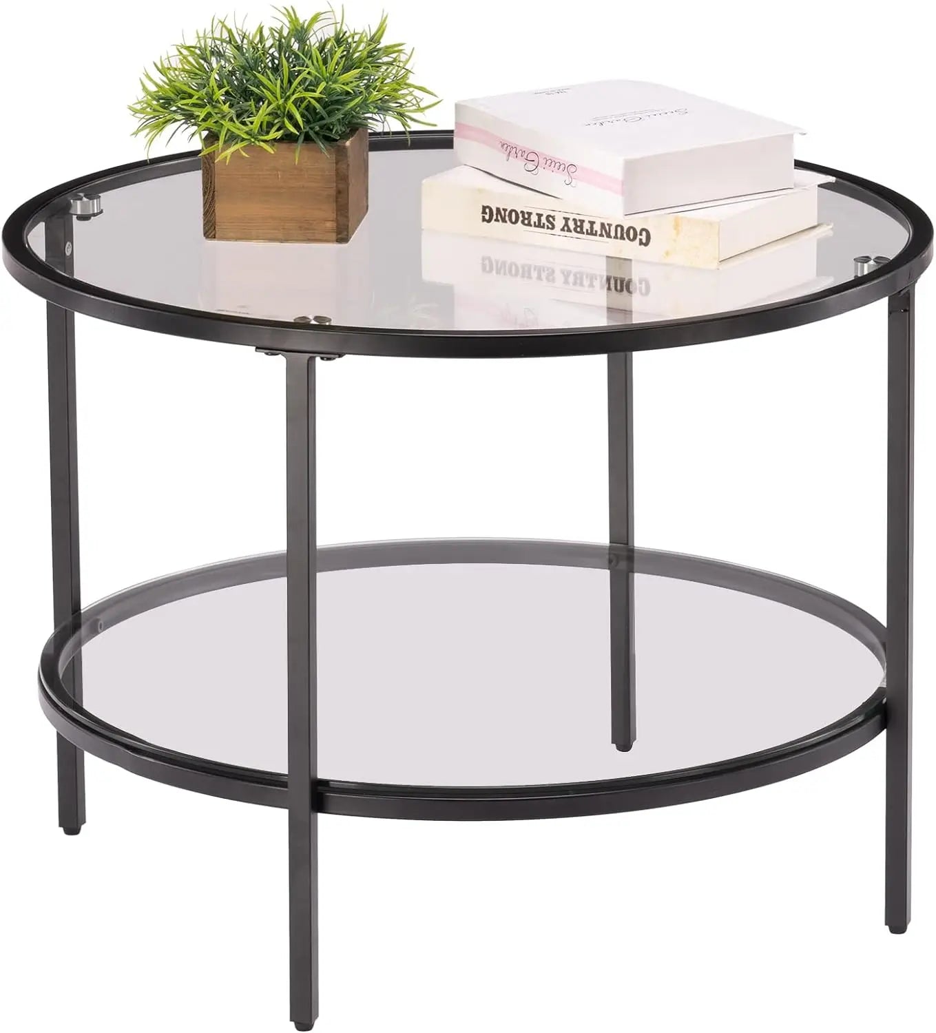 Round Black Coffee Tables for Living Room, 2-Tier Glass Top Coffee Table with Storage Clear Coffee