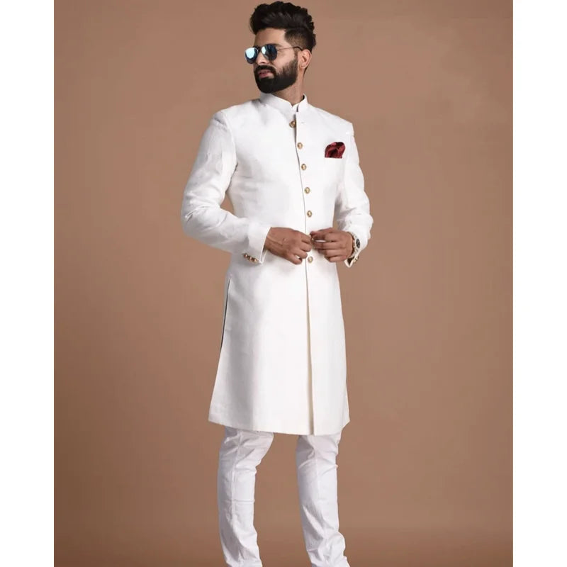 Indian Men's Suit Arabian Style Long Coat Single Breasted With Gold Buttons Wedding Suits For Men 2 Piece Slim Fit Male Clothing