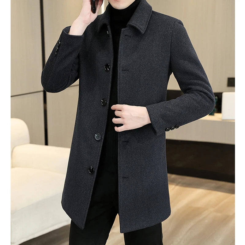 Top Causal Woolen Coats Men's 2024 Autumn Winter Solid Color Warm Mid-Length Wool Windbreaker Jackets Business Overcoat Clothing