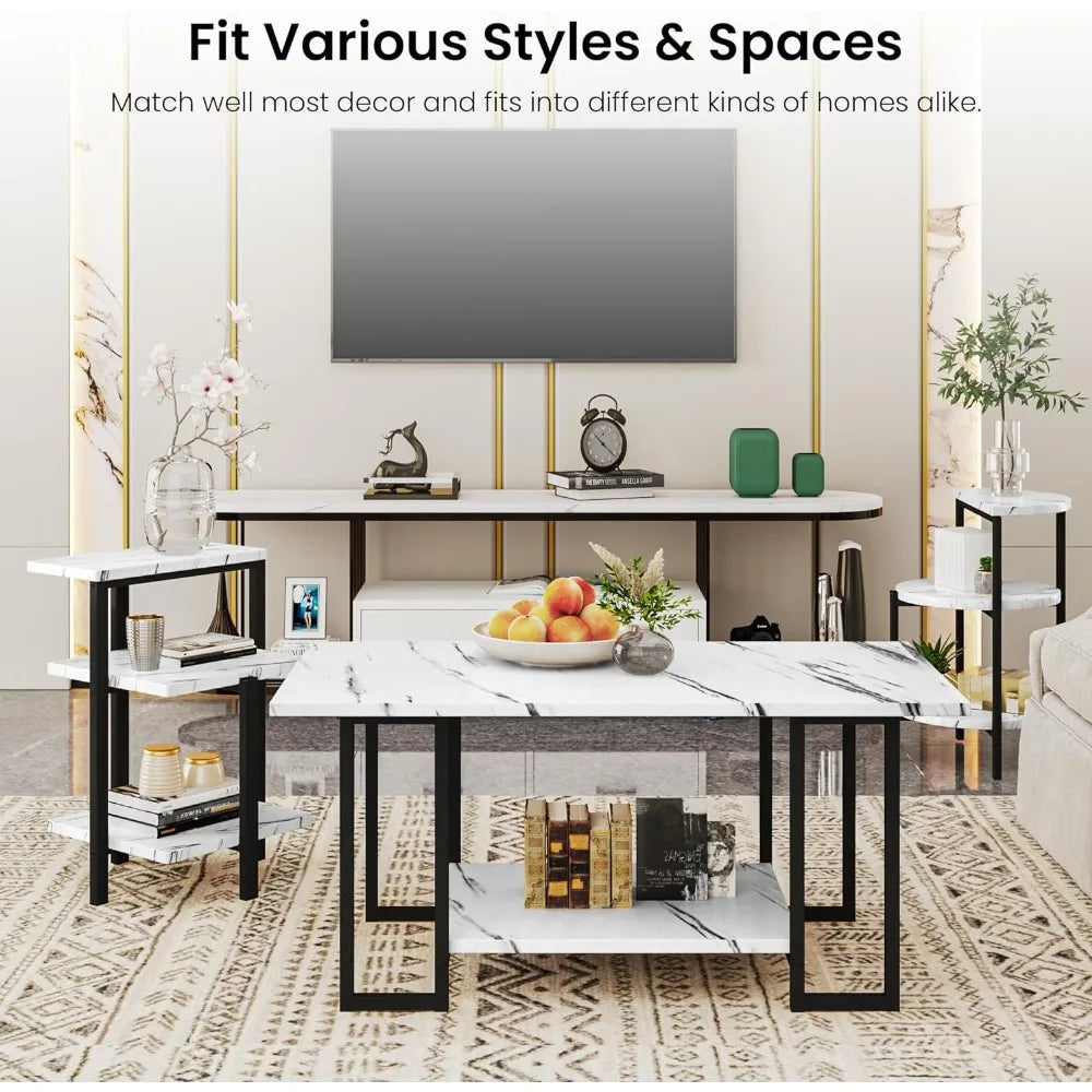 Coffee Table&2 Side Table, Faux Marble Tabletop and Metal Frame,3 Piece Table Sets, for Living Room Apartment