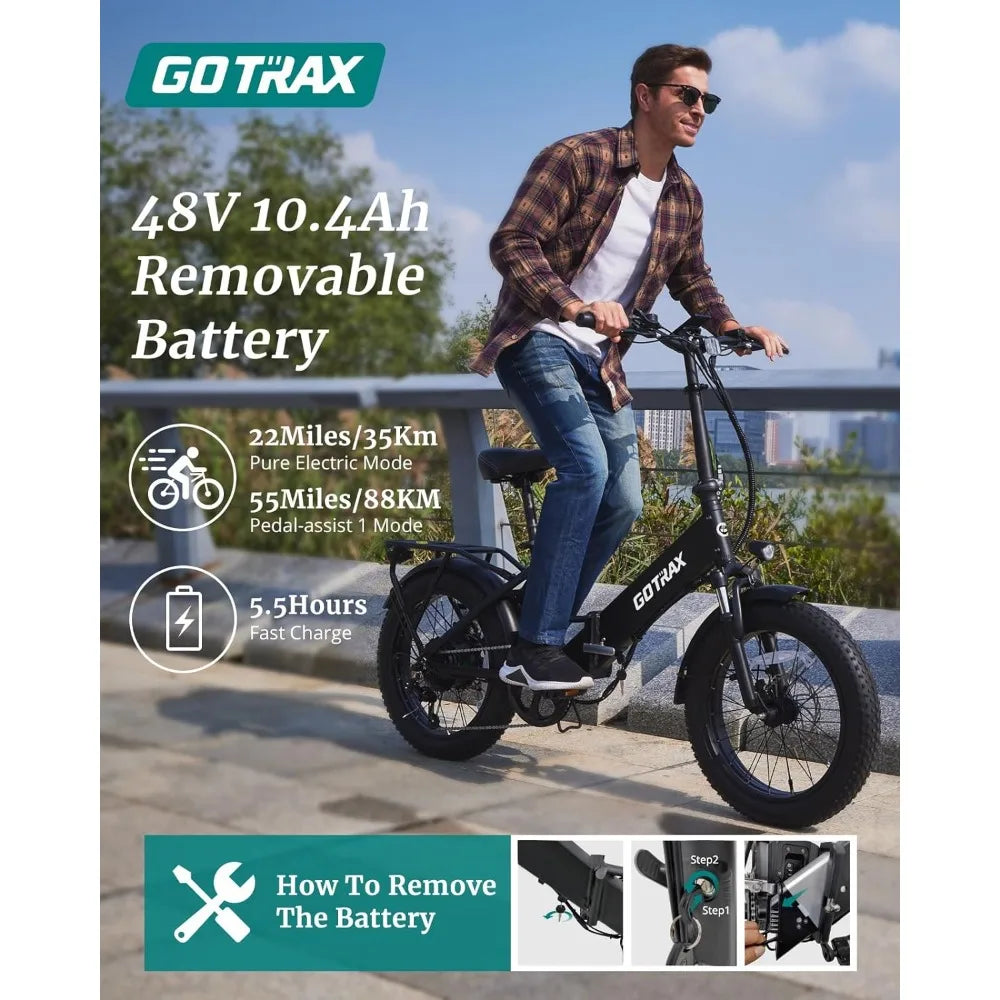 Folding Electric Bike with 55 Miles (Pedal-assist1) by 48V Battery, 20Mph Power by 500W, LCD Display and 5 Pedal-Assist Levels