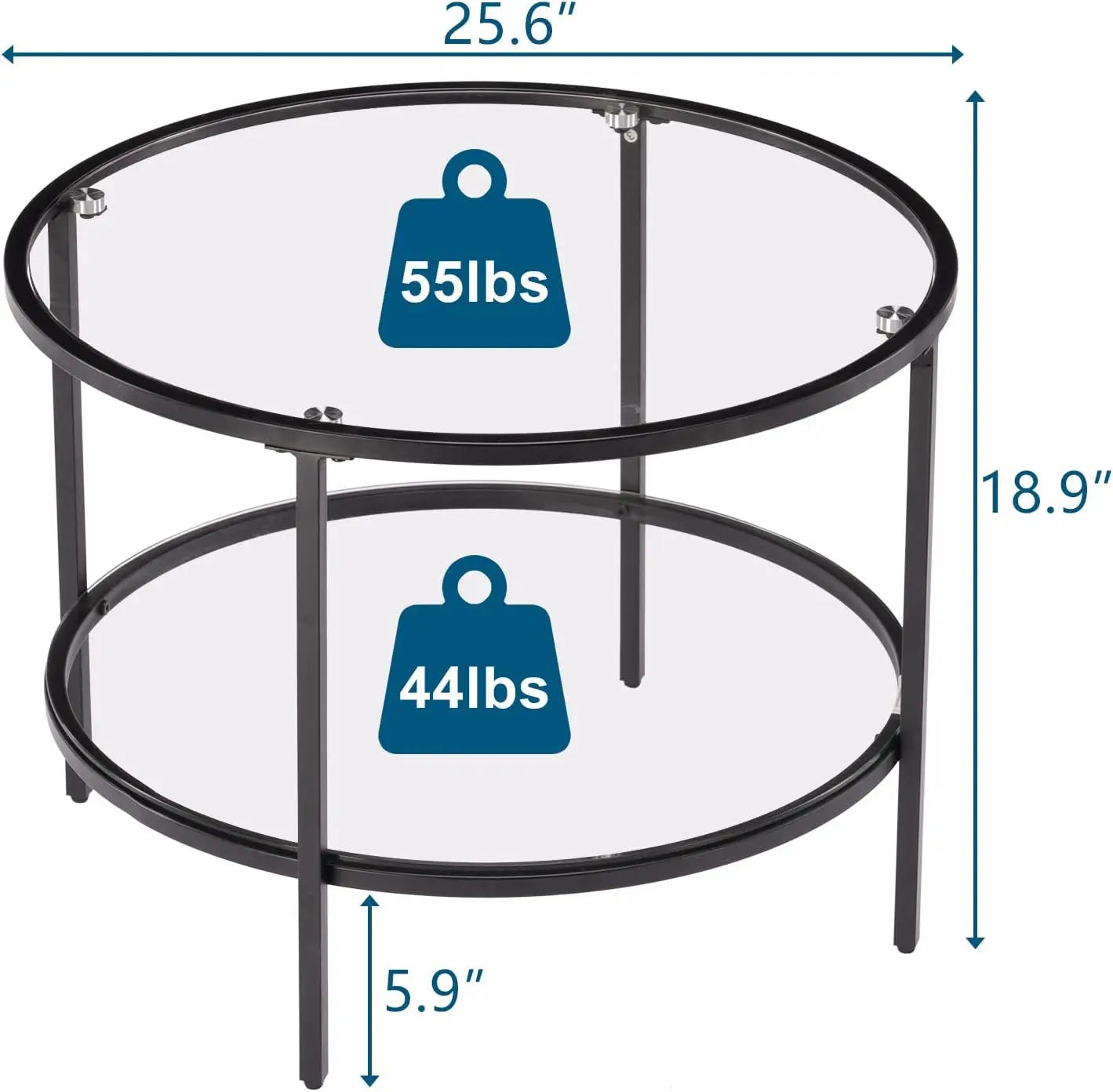 Round Black Coffee Tables for Living Room, 2-Tier Glass Top Coffee Table with Storage Clear Coffee