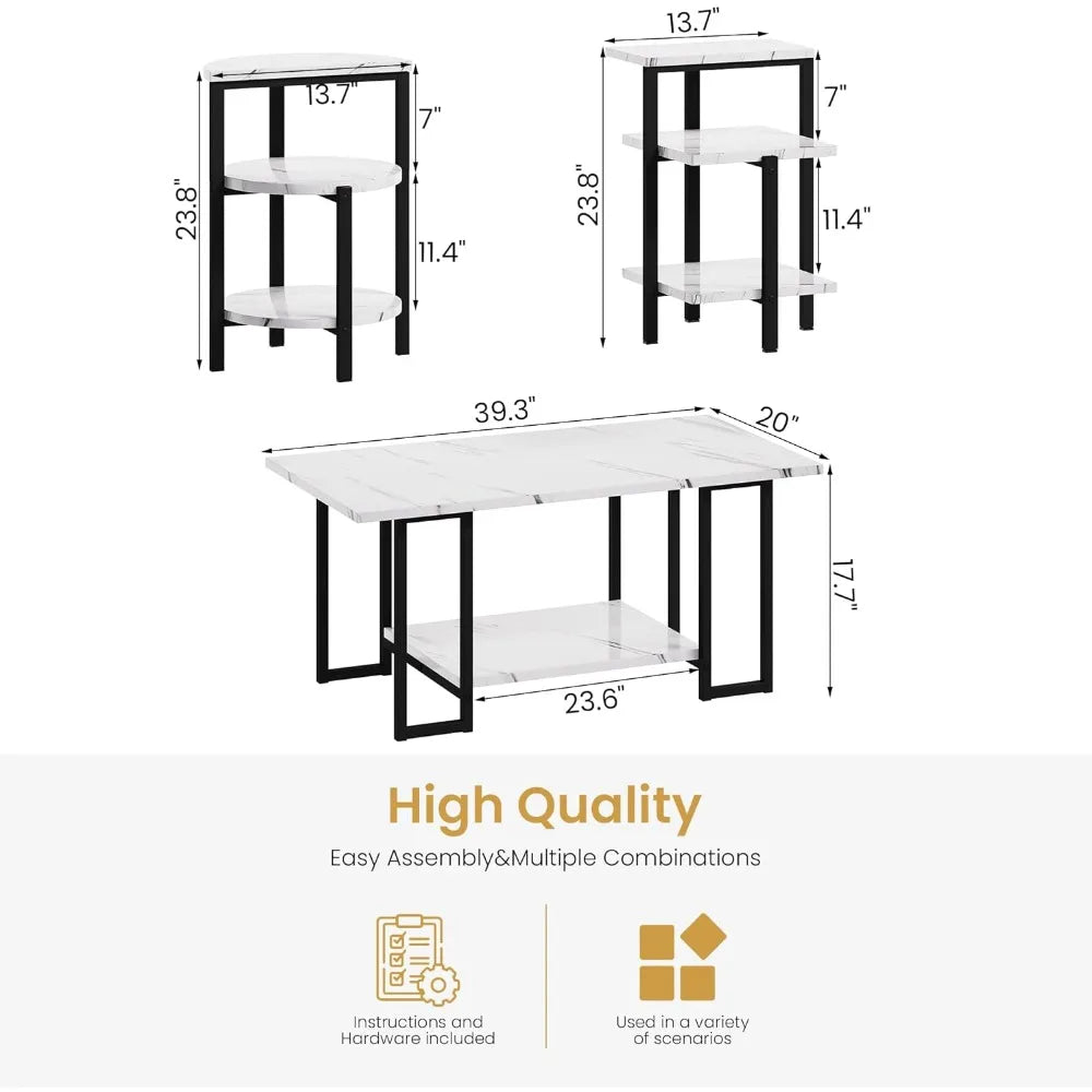 Coffee Table&2 Side Table, Faux Marble Tabletop and Metal Frame,3 Piece Table Sets, for Living Room Apartment