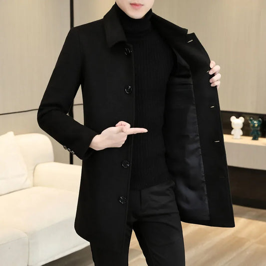 Top Causal Woolen Coats Men's 2024 Autumn Winter Solid Color Warm Mid-Length Wool Windbreaker Jackets Business Overcoat Clothing