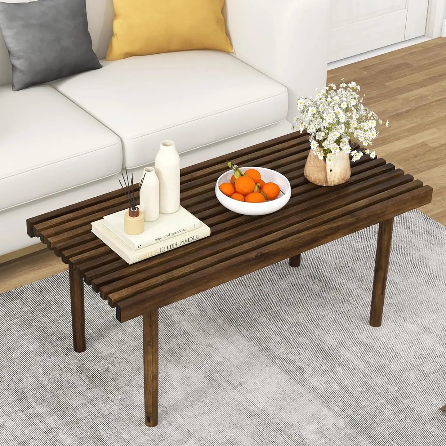 Wood Coffee Table, Farmhouse Acacia Wood Cocktail Table with Slatted Tabletop for Living Room, Rectangle Center Tea Table