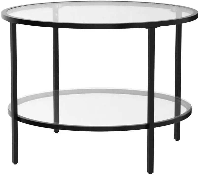 Round Black Coffee Tables for Living Room, 2-Tier Glass Top Coffee Table with Storage Clear Coffee