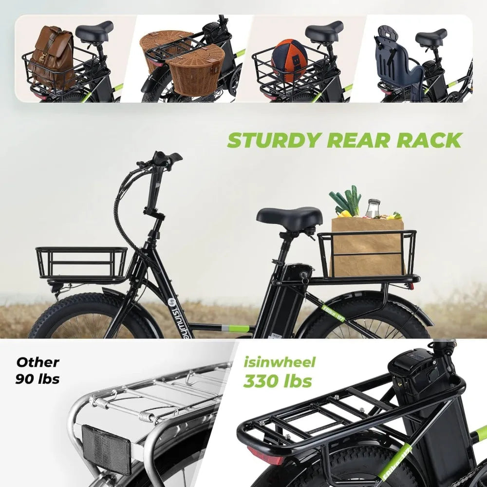 Electric Bike for Adults, 500W Cargo Ebike 20 mph Top Speed Adult Electric Bicycles 55 Miles Range, 48V 500Wh Removable Battery