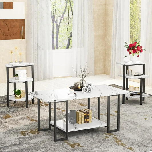 Coffee Table&2 Side Table, Faux Marble Tabletop and Metal Frame,3 Piece Table Sets, for Living Room Apartment