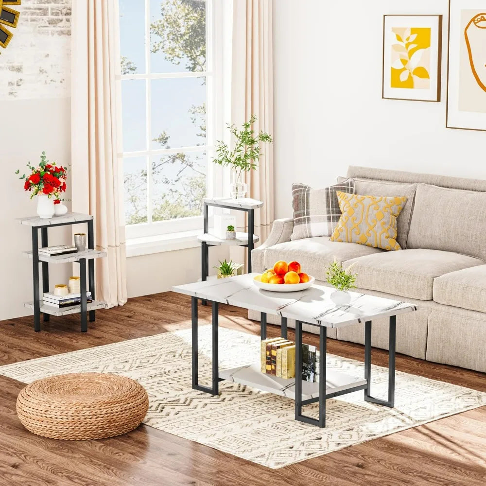 Coffee Table&2 Side Table, Faux Marble Tabletop and Metal Frame,3 Piece Table Sets, for Living Room Apartment